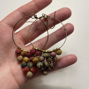 Fabric Beaded and Brass Boho Bohemian Dangle Earrings